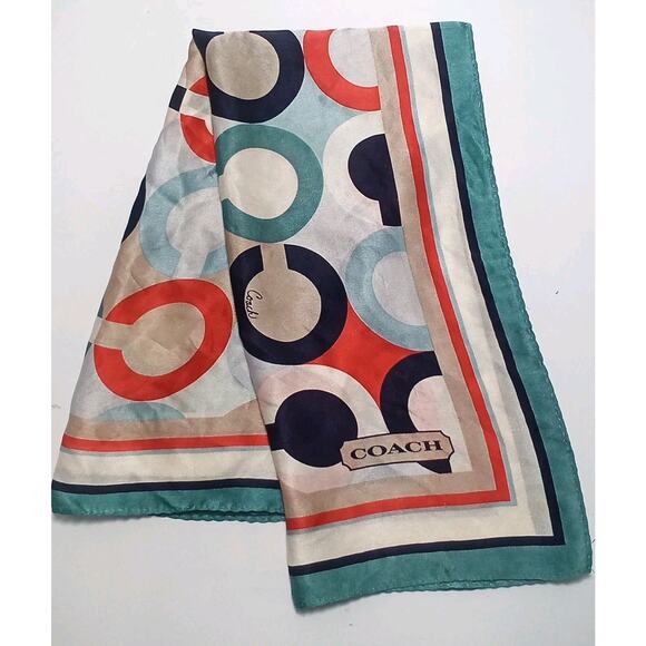 Coach Silk Scarf Blue Orange Signature "C" Grapfic Logo 26" Square - Picture 1 of 2